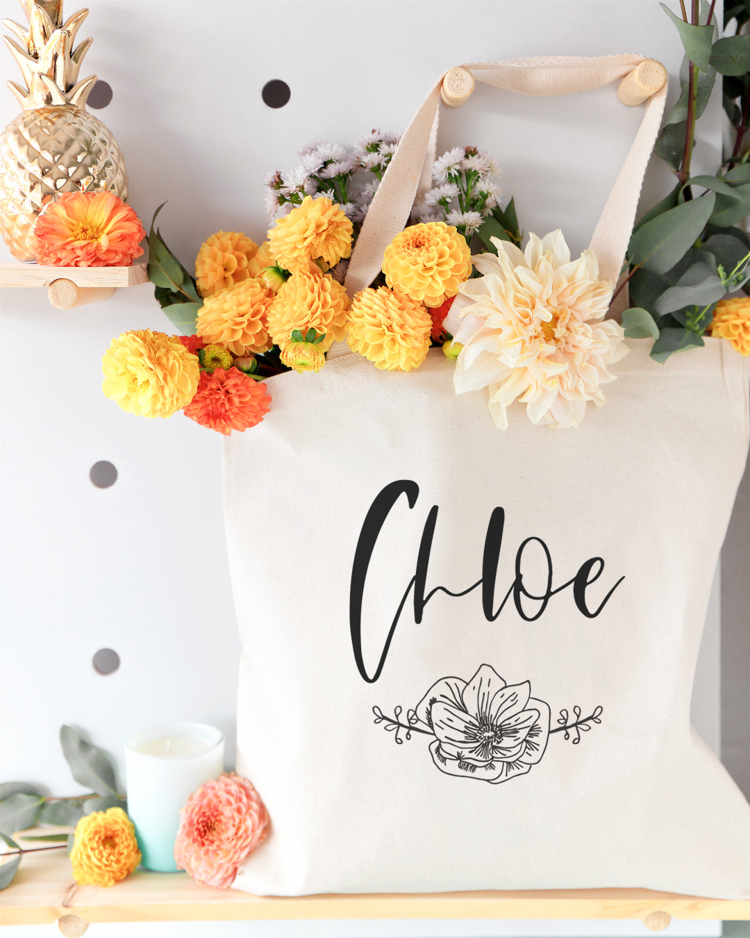 Personalized Name Modern Floral Cotton Canvas Tote Bag